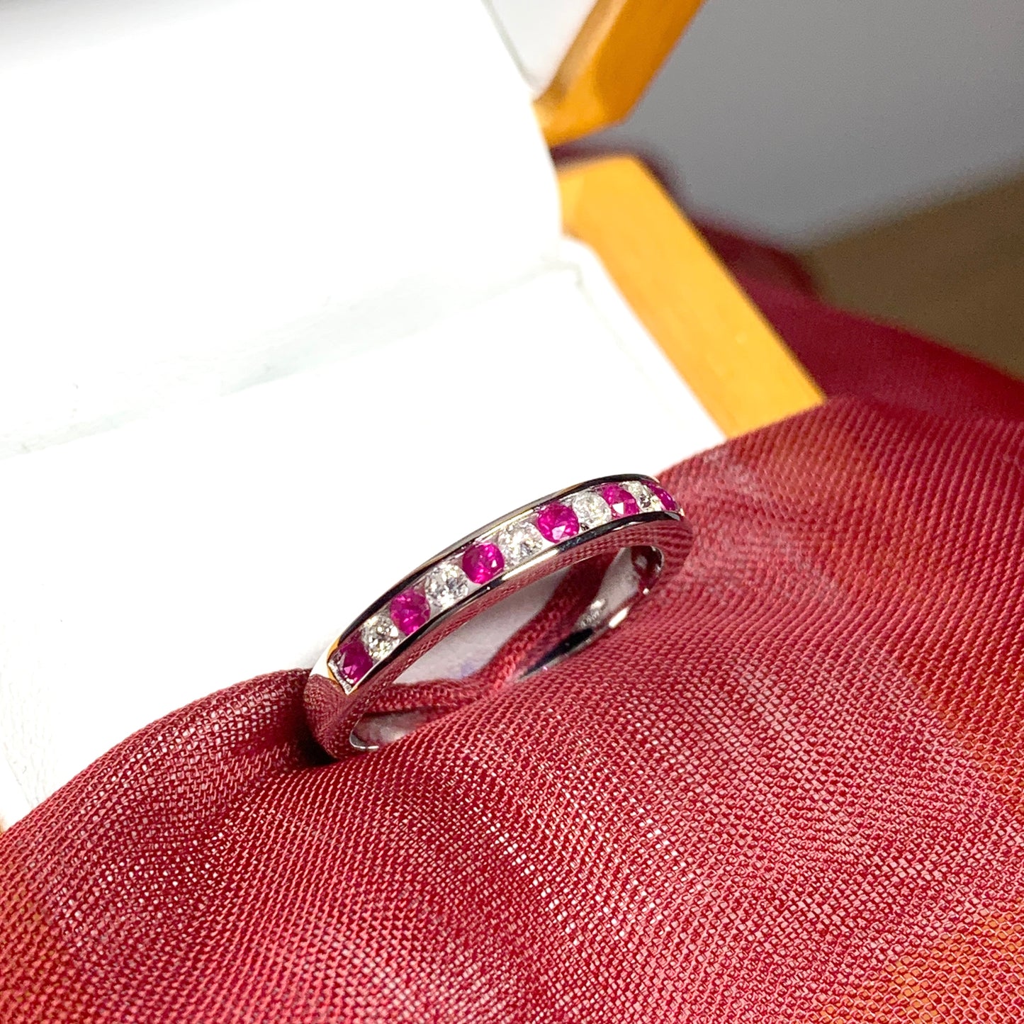 Real red ruby diamond eternity channel set ring white gold