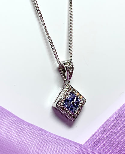 Real tanzanite and diamond necklace white gold square cluster pendant