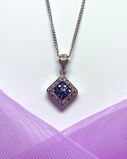 Real tanzanite and diamond necklace white gold square cluster pendant