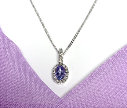 Real tanzanite and diamond white gold oval cluster necklace