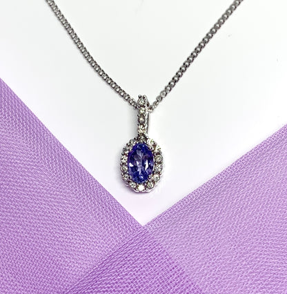 Real tanzanite and diamond white gold oval cluster necklace