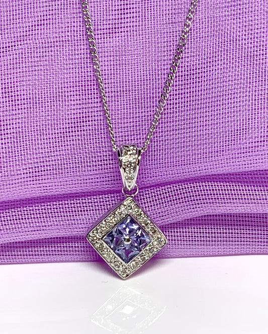 Real tanzanite and diamond necklace white gold square cluster pendant