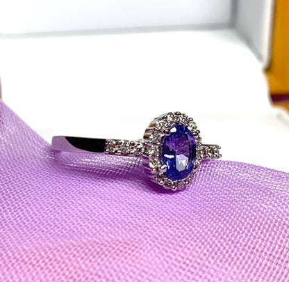 Real tanzanite cluster ring with real diamonds white gold oval