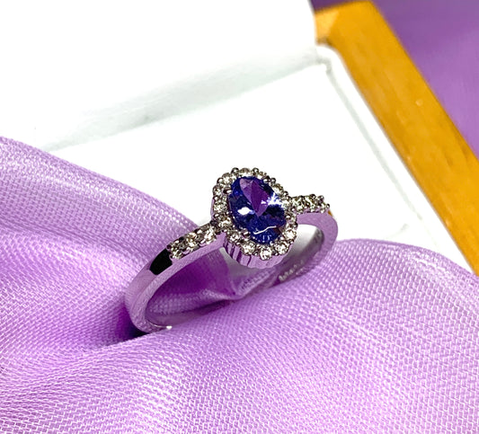 Real tanzanite cluster ring with real diamonds white gold oval