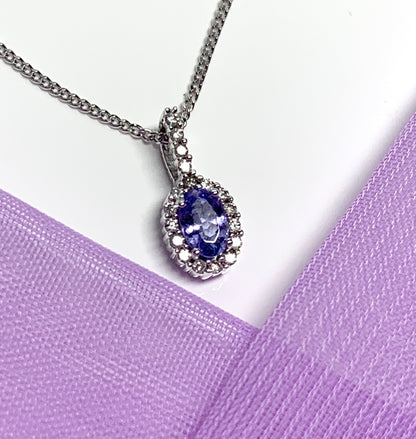 Real tanzanite and diamond white gold oval cluster necklace