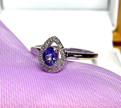 Real tanzanite halo cluster ring real diamonds white gold teardrop pear shaped