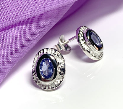 Real tanzanite oval stud earrings sterling silver