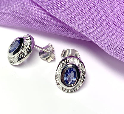 Real tanzanite oval stud earrings sterling silver