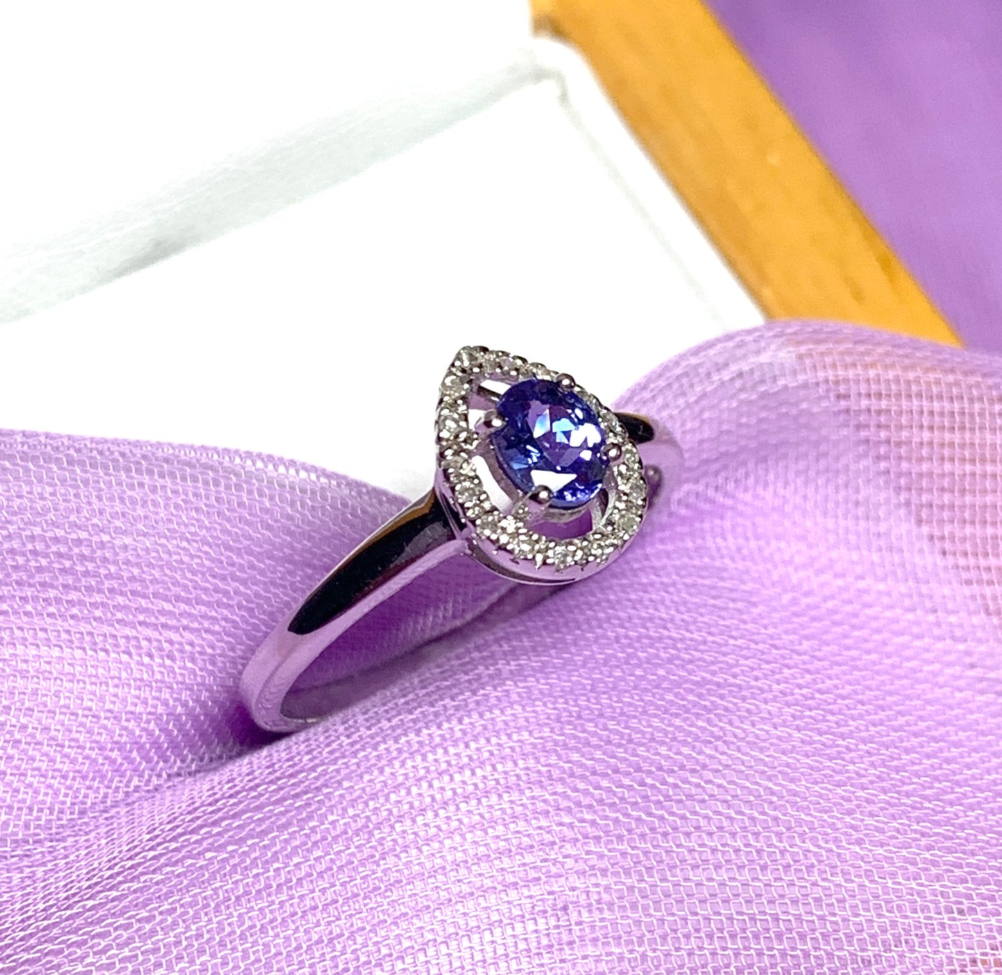 Real tanzanite halo cluster ring real diamonds white gold teardrop pear shaped