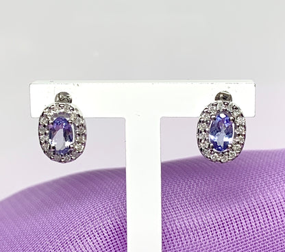 Real tanzanite stud earrings with diamonds white gold oval cluster