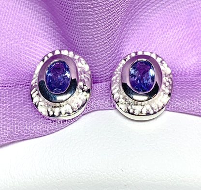 Real tanzanite oval stud earrings sterling silver