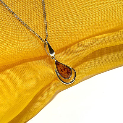 Real teardrop pear shaped amber fancy necklace sterling silver