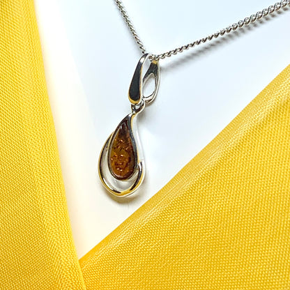 Real teardrop pear shaped amber fancy necklace sterling silver