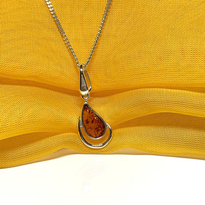 Real teardrop pear shaped amber fancy necklace sterling silver