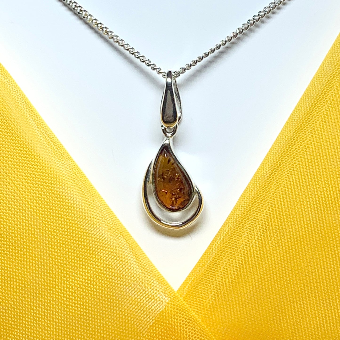 Real teardrop pear shaped amber fancy necklace sterling silver