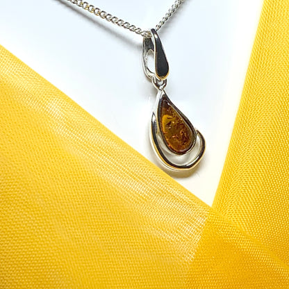 Real teardrop pear shaped amber fancy necklace sterling silver