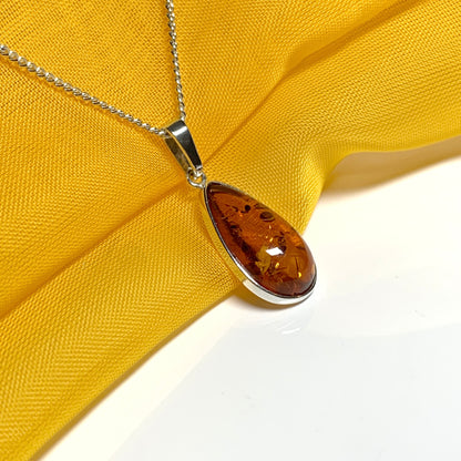 Real teardrop pear shaped amber necklace sterling silver