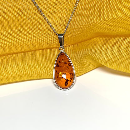 Real teardrop pear shaped amber necklace sterling silver