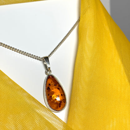 Real teardrop pear shaped amber necklace sterling silver