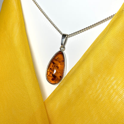 Real teardrop pear shaped amber necklace sterling silver