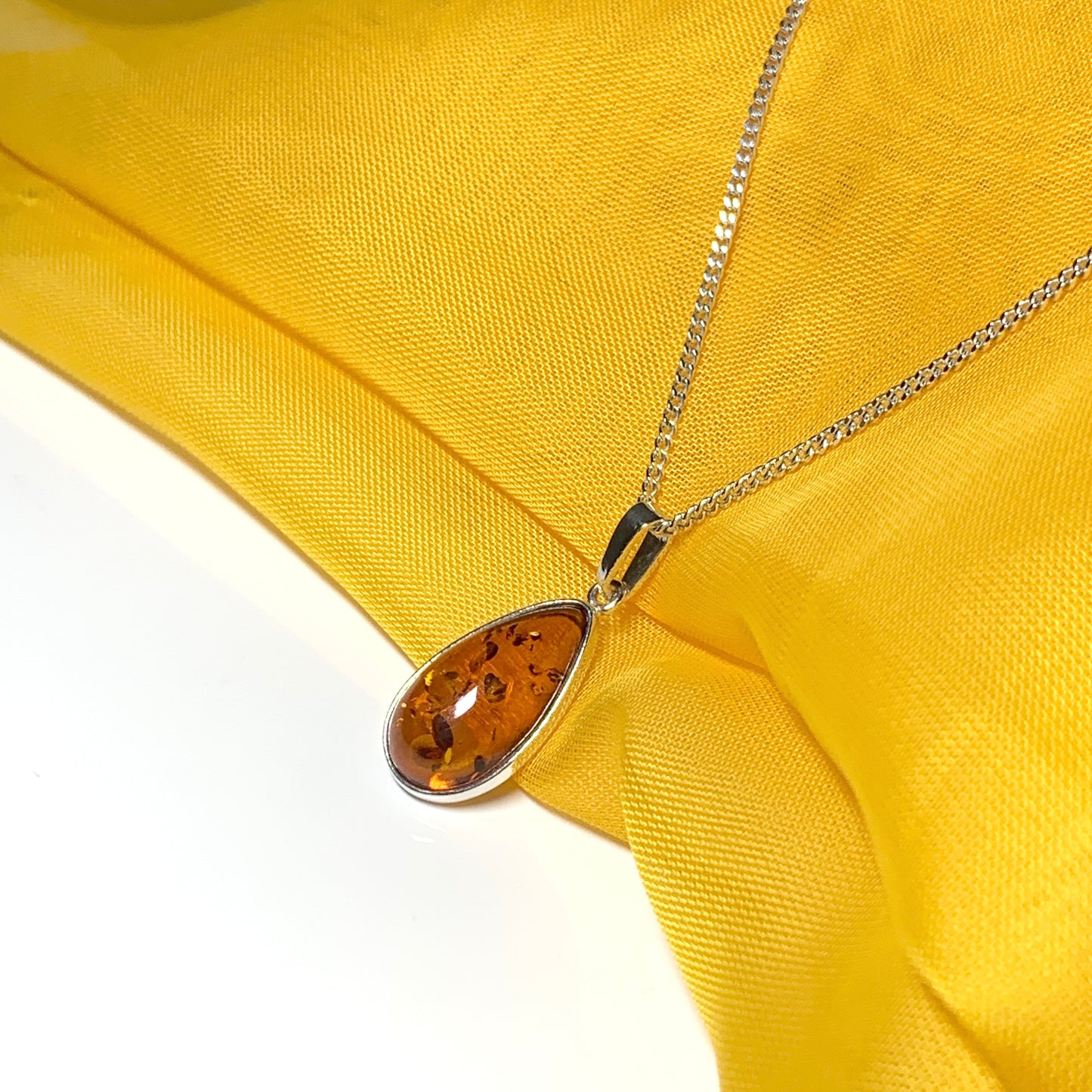 Real teardrop pear shaped amber necklace sterling silver