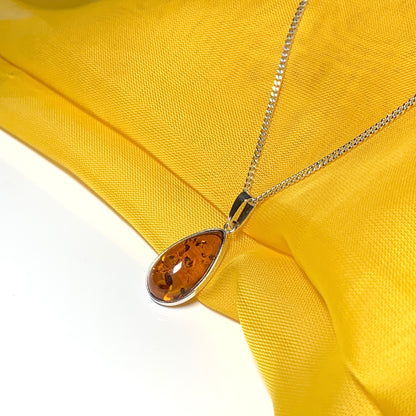 Real teardrop pear shaped amber necklace sterling silver