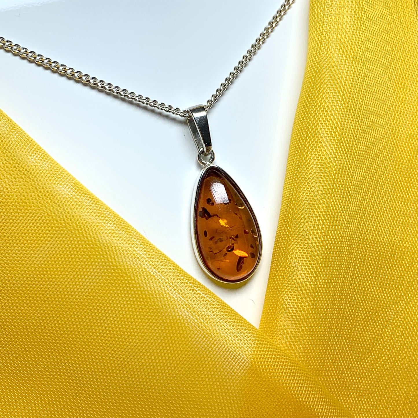 Real teardrop pear shaped amber necklace sterling silver