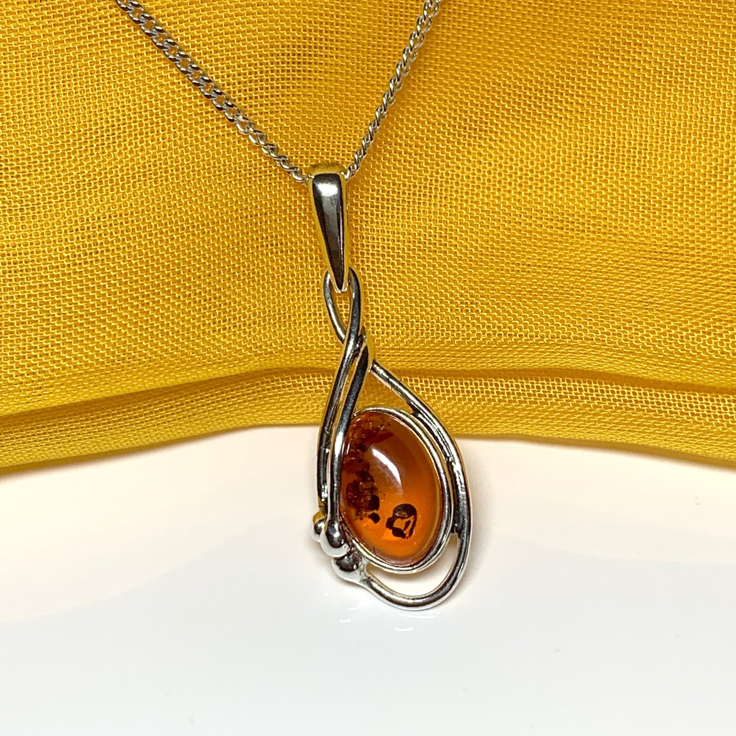 Real teardrop pear shaped fancy amber necklace sterling silver