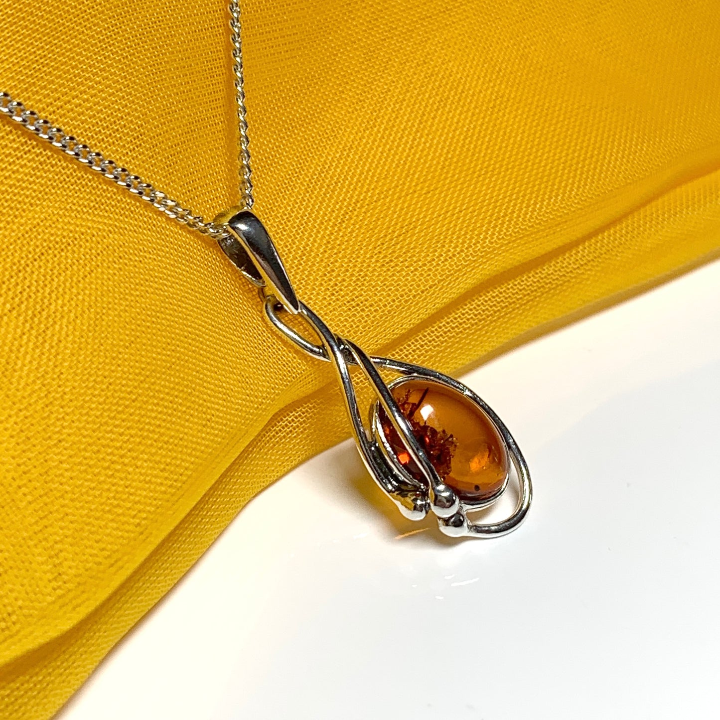 Real teardrop pear shaped fancy amber necklace sterling silver