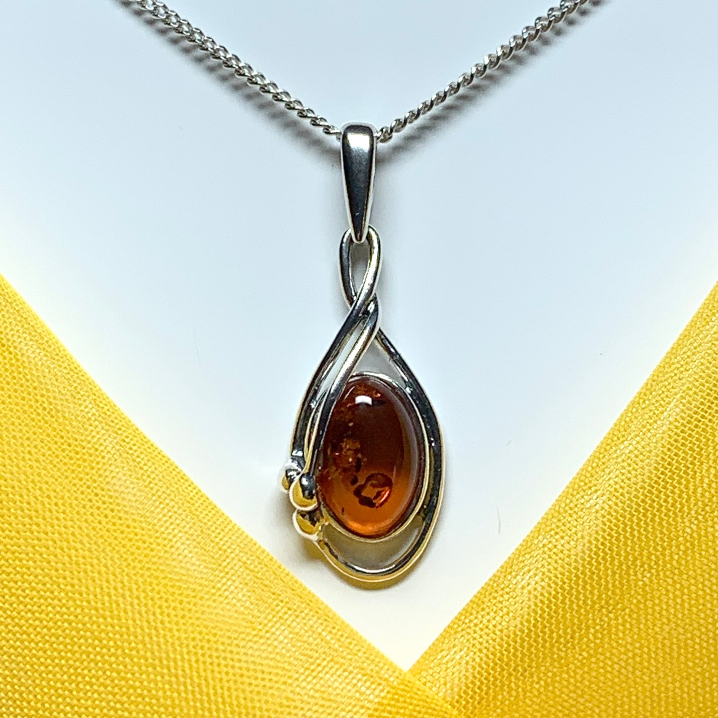 Real teardrop pear shaped fancy amber necklace sterling silver