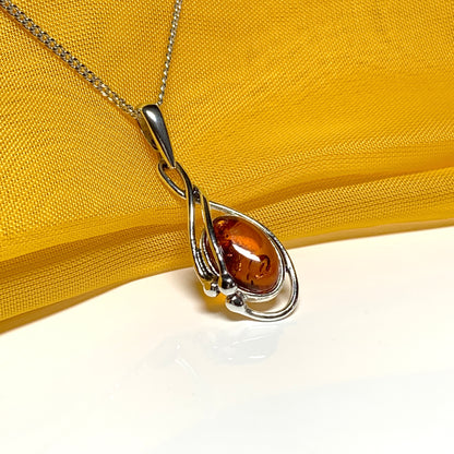 Real teardrop pear shaped fancy amber necklace sterling silver