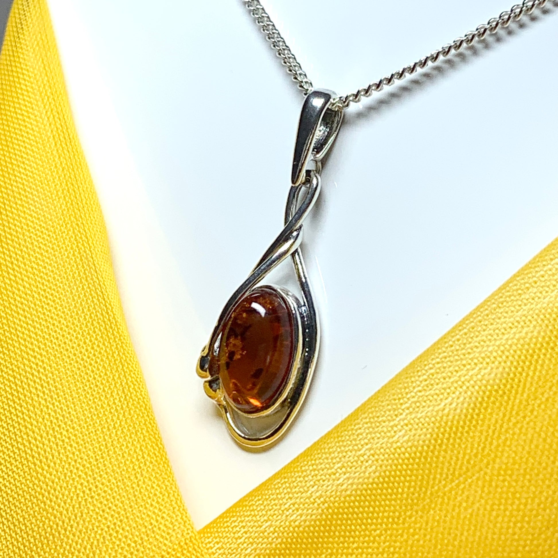 Real teardrop pear shaped fancy amber necklace sterling silver