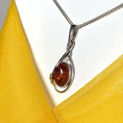 Real teardrop pear shaped fancy amber necklace sterling silver