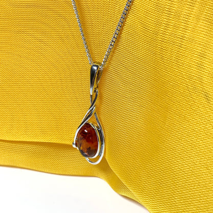 Real teardrop pear shaped fancy amber necklace sterling silver