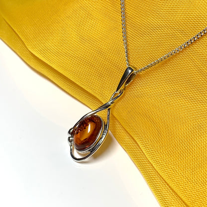 Real teardrop pear shaped fancy amber necklace sterling silver