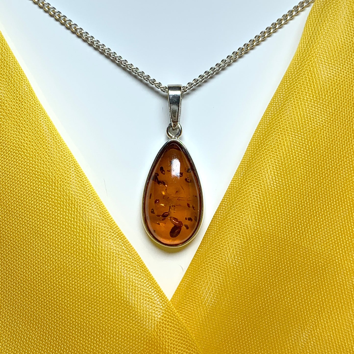 Real teardrop pear shaped amber necklace sterling silver