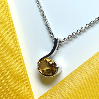 Real yellow citrine necklace oval fancy swirl sterling silver