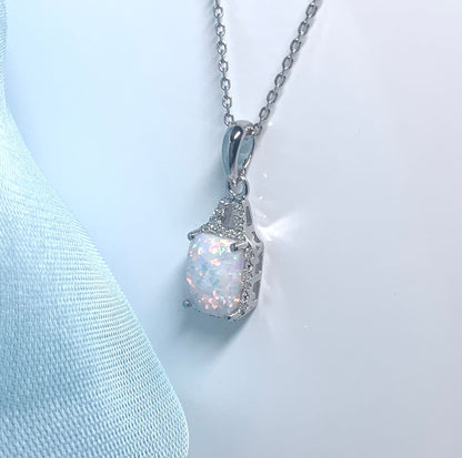 Rectangle Opal And Diamond White Gold Necklace Pendant