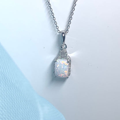 Rectangle Opal And Diamond White Gold Necklace Pendant