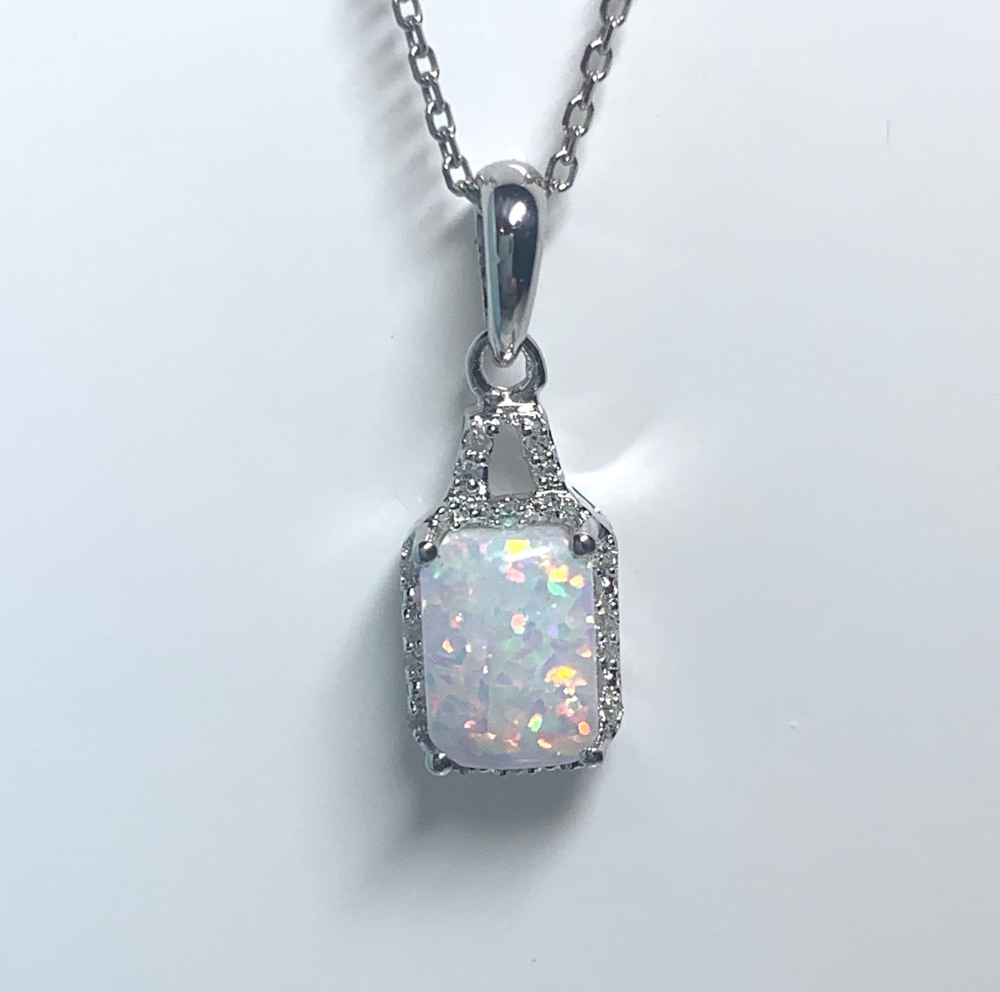 Rectangle Opal And Diamond White Gold Necklace Pendant