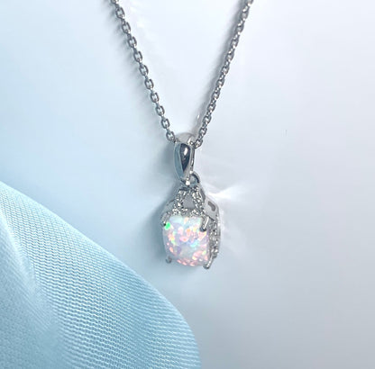 Rectangle Opal And Diamond White Gold Necklace Pendant