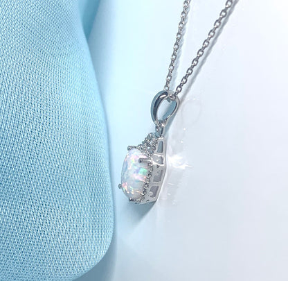 Rectangle Opal And Diamond White Gold Necklace Pendant