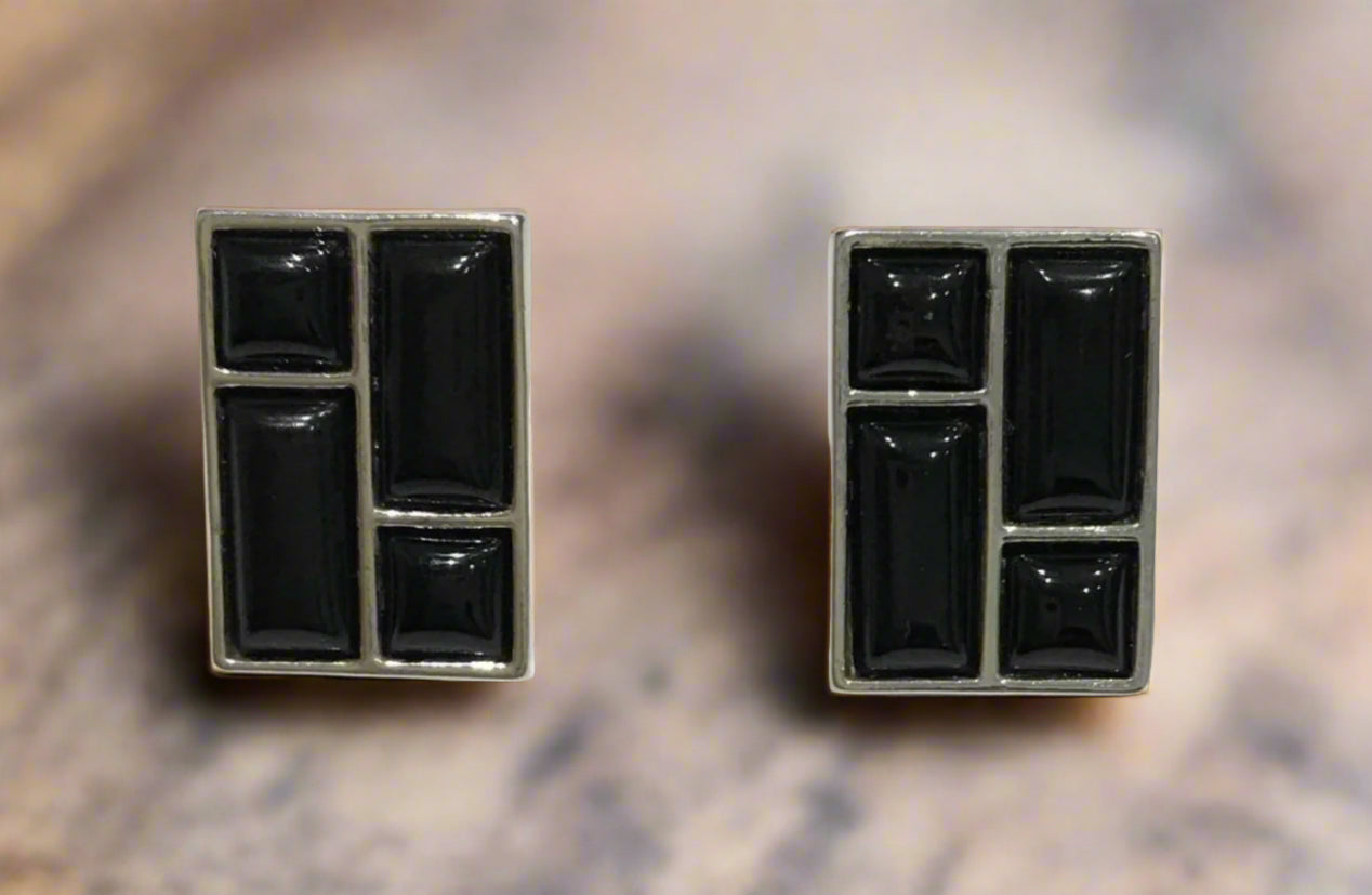 Rectangle shaped sterling silver real black jet earrings
