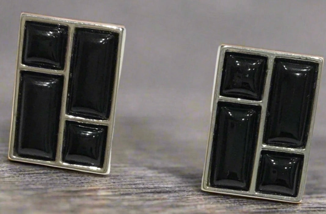 Rectangle shaped sterling silver real black jet earrings