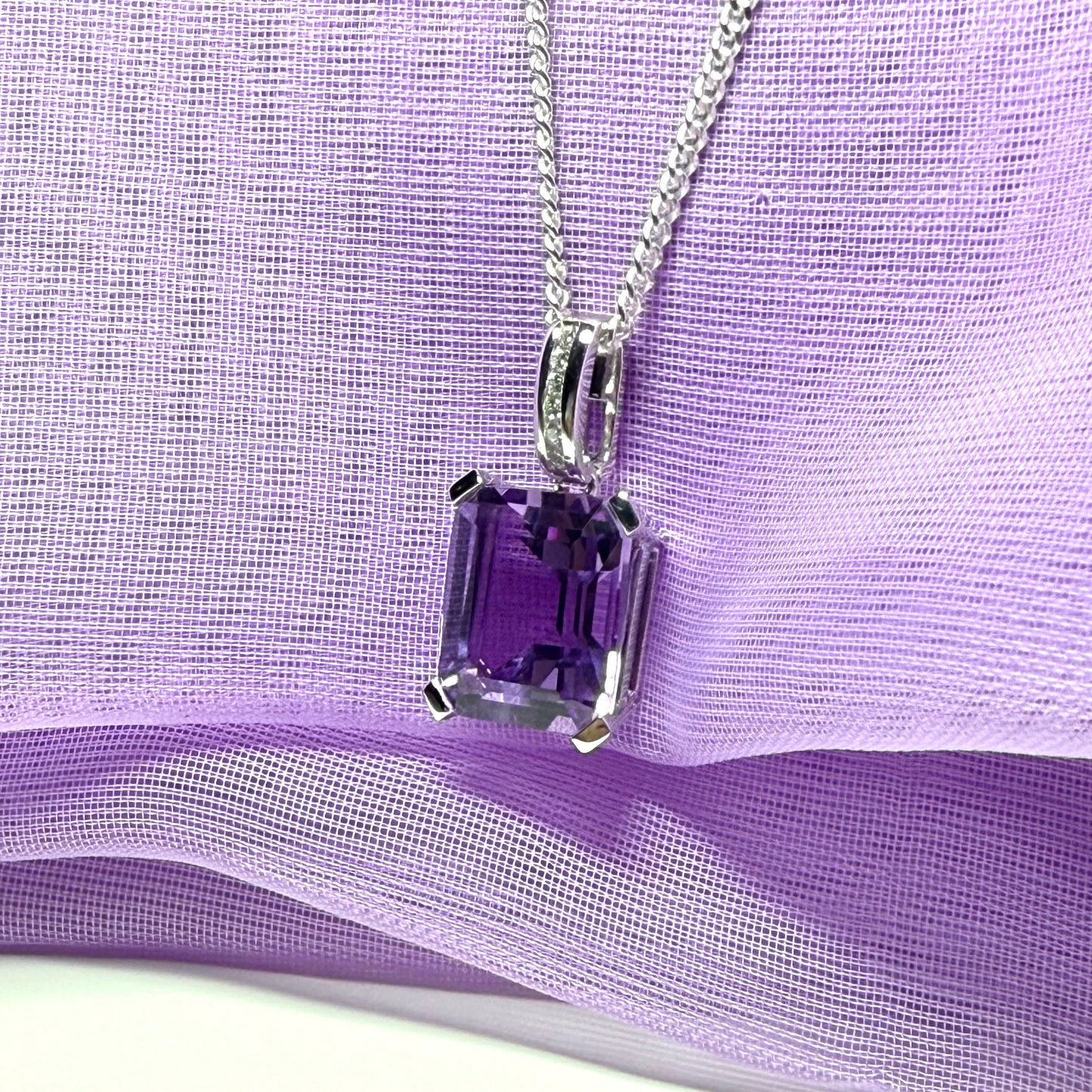 Square shaped purple real amethyst necklace and cubic zirconia sterling silver pendant