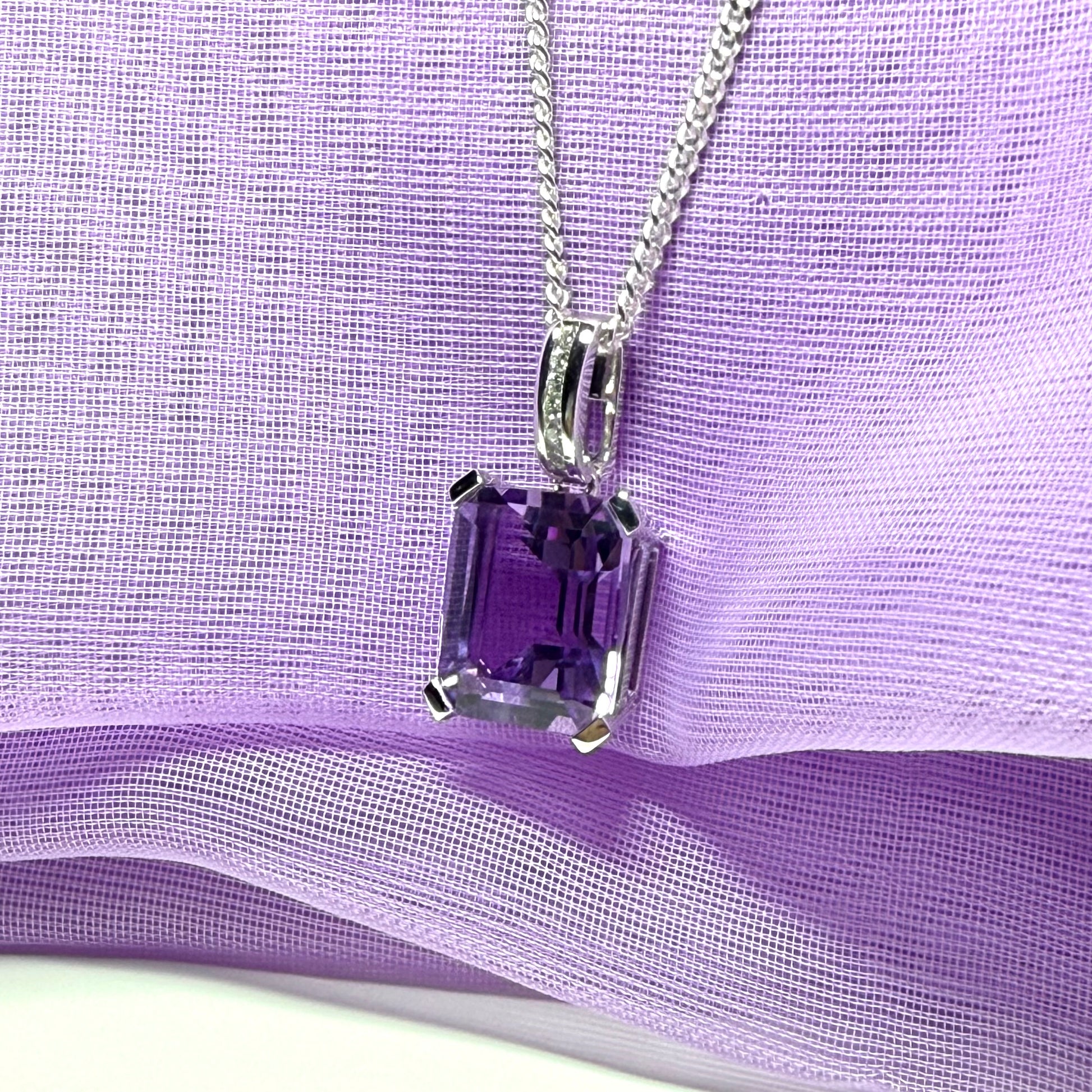 Square shaped purple real amethyst necklace and cubic zirconia sterling silver pendant