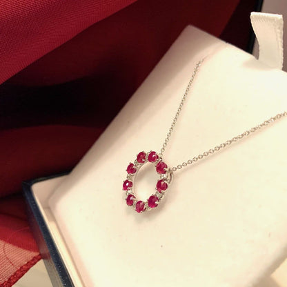 Real deep red round ruby and diamond white gold circle cluster necklace