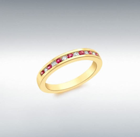 Red Ruby And Diamond Channel Set Yellow Gold Eternity Ring