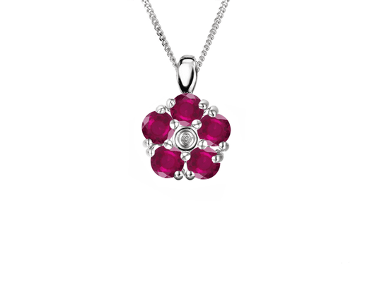 Real red ruby and diamond white gold daisy cluster necklace