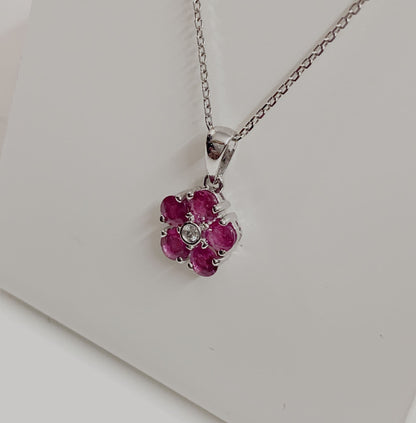 Real red ruby and diamond white gold daisy cluster necklace